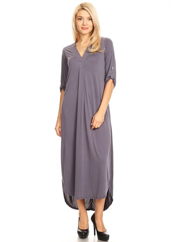 Damen-Maxikleid Freizeit Roll-Riegelärmel V-Ausschnitt hoher niedriger Saum - Bild 7 von 11
