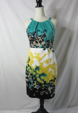 Tahari Dress Knee Length Floral Sheath Sleeveless Dress Teal Yellow Size 4