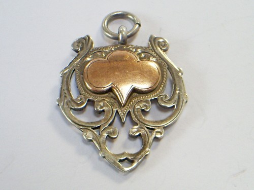 FINE ANTIQUE HM SILVER & GOLD 11.9 g POCKET WATCH FOB/WILLIAM HAIR HASELER 1909