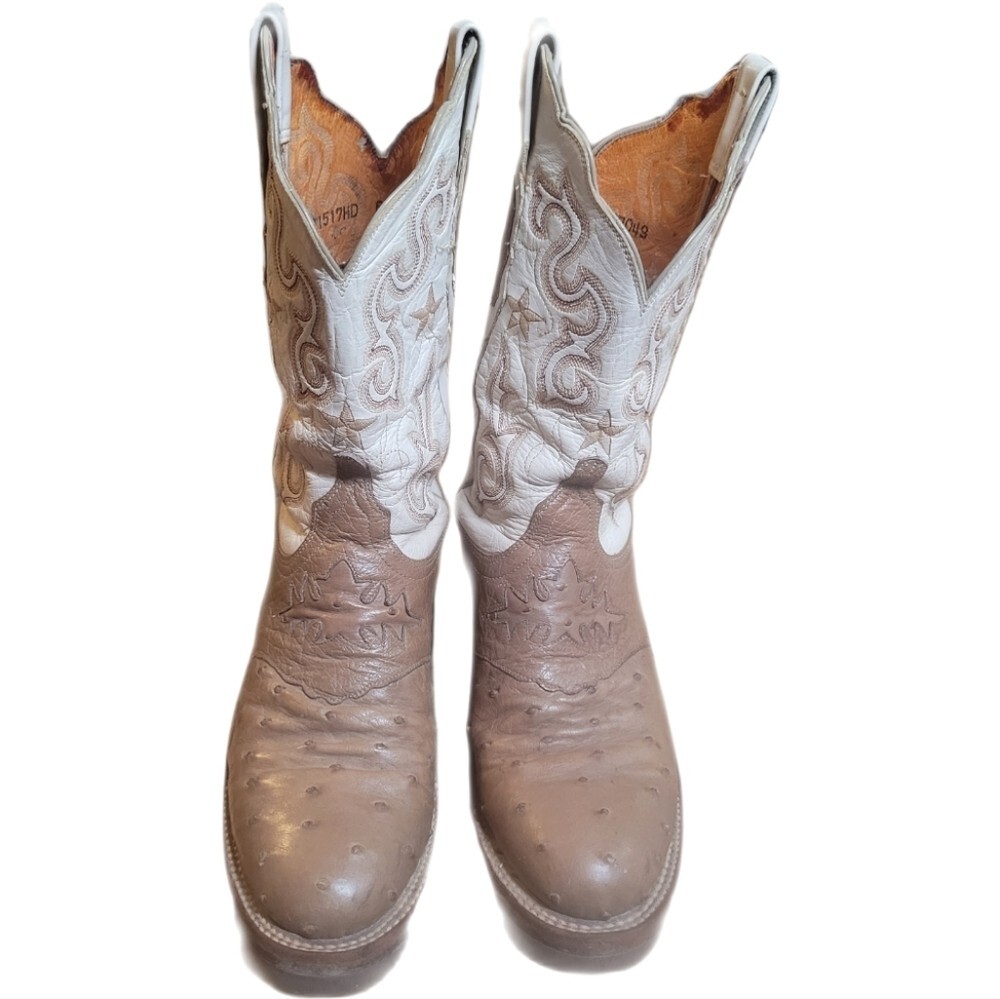 Lucchese Brown White Ostrich Cowboy Boots Handcrafted Premium Leather