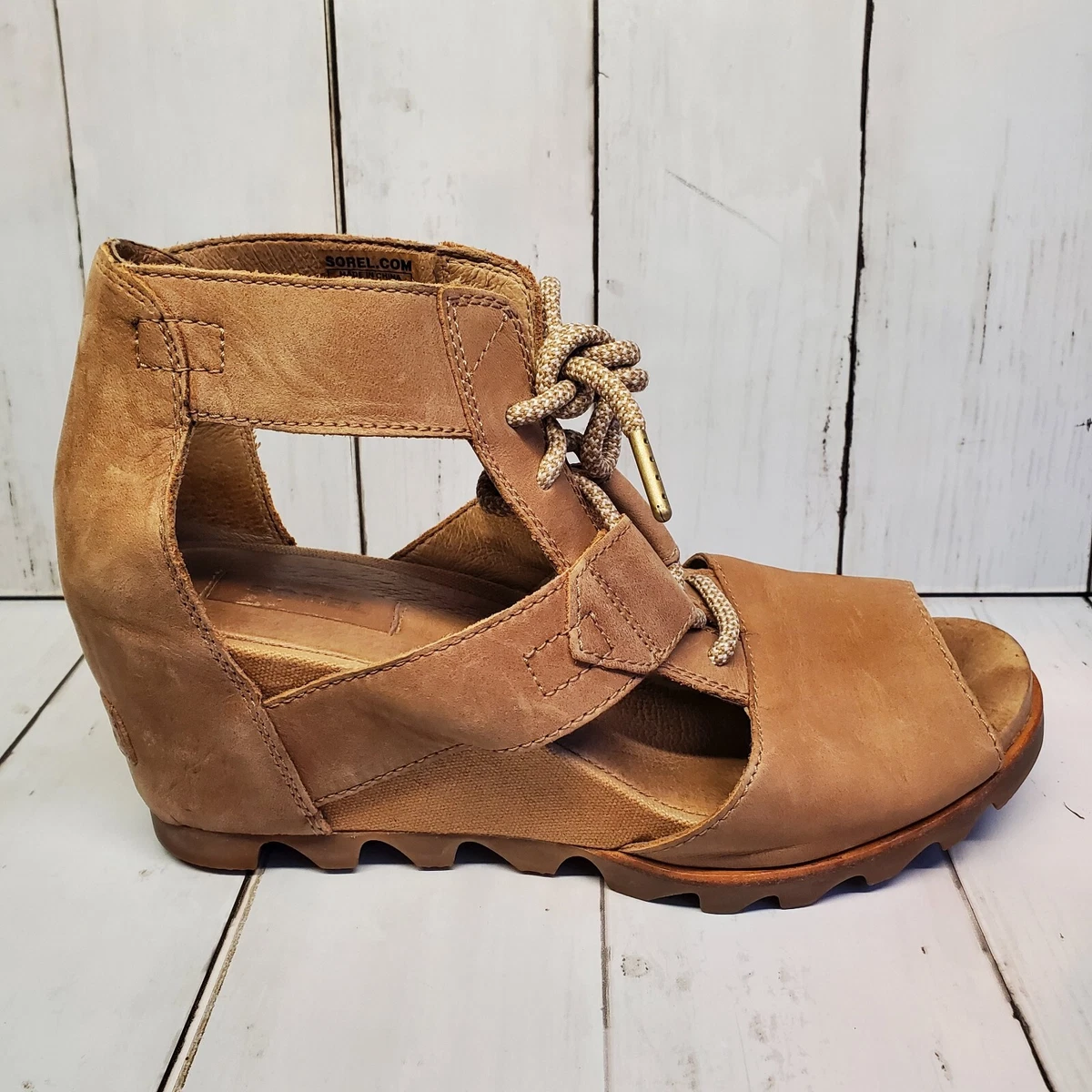 Sorel Sandal Women s Sz 9.5 Brown Joanie Lace Wedge Peep Toe Leather NL2453 200
