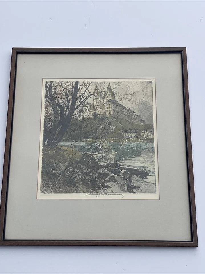 GRABADO LUIGI KASIMIR RARO DE COLECCIÓN ANTIGUO FIRMADO RÍO DANUBIO MELK AUSTRIA Foto 2 de 4