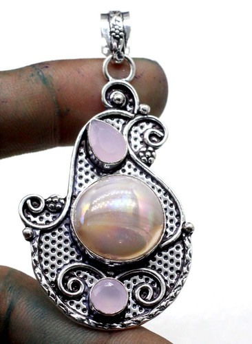 925 Sterling Silver Mother Pearl & Quartz Gemstone Handmade Jewelry Pendant S-2" - Picture 2 of 2
