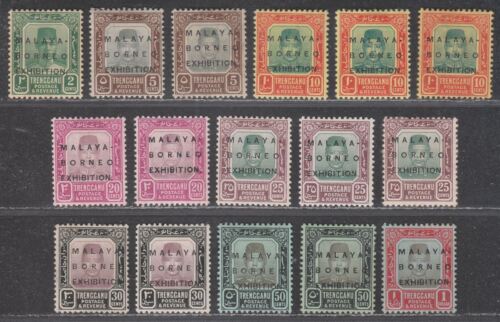Malaya Trengganu 1922 Malaya-Borneo Exhibition Overprint Part Set to $1 Mint - Foto 1 di 2