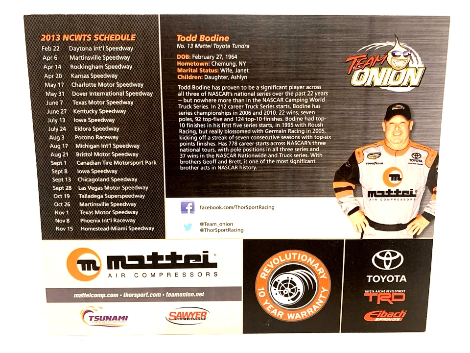 Todd Bodine Thorsport 2013 compresores de aire matei #13 TRD camión NASCAR postal Foto 2 de 2