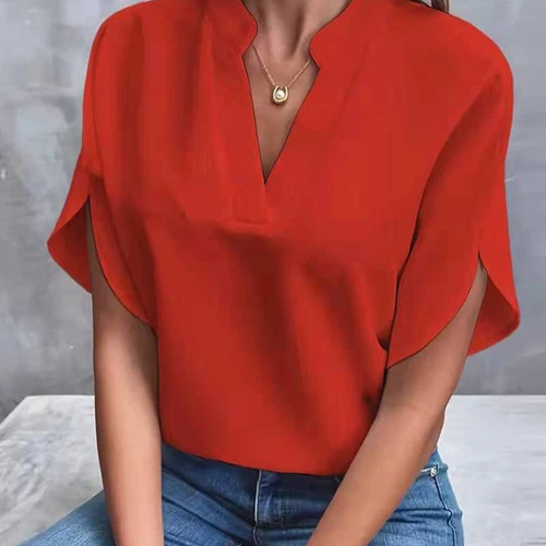 Camicetta manica corta t shirt tunica top donna magliette scollo a V sciolto ufficio tinta unita - Foto 17 di 24