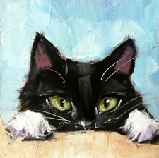 Original Oil Painting Cat Black White Kitten Cute Pet Art Signed Custom Artwork