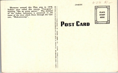 The Great Organ In Zion National Park Vintage Postcard OO - Picture 2 of 2