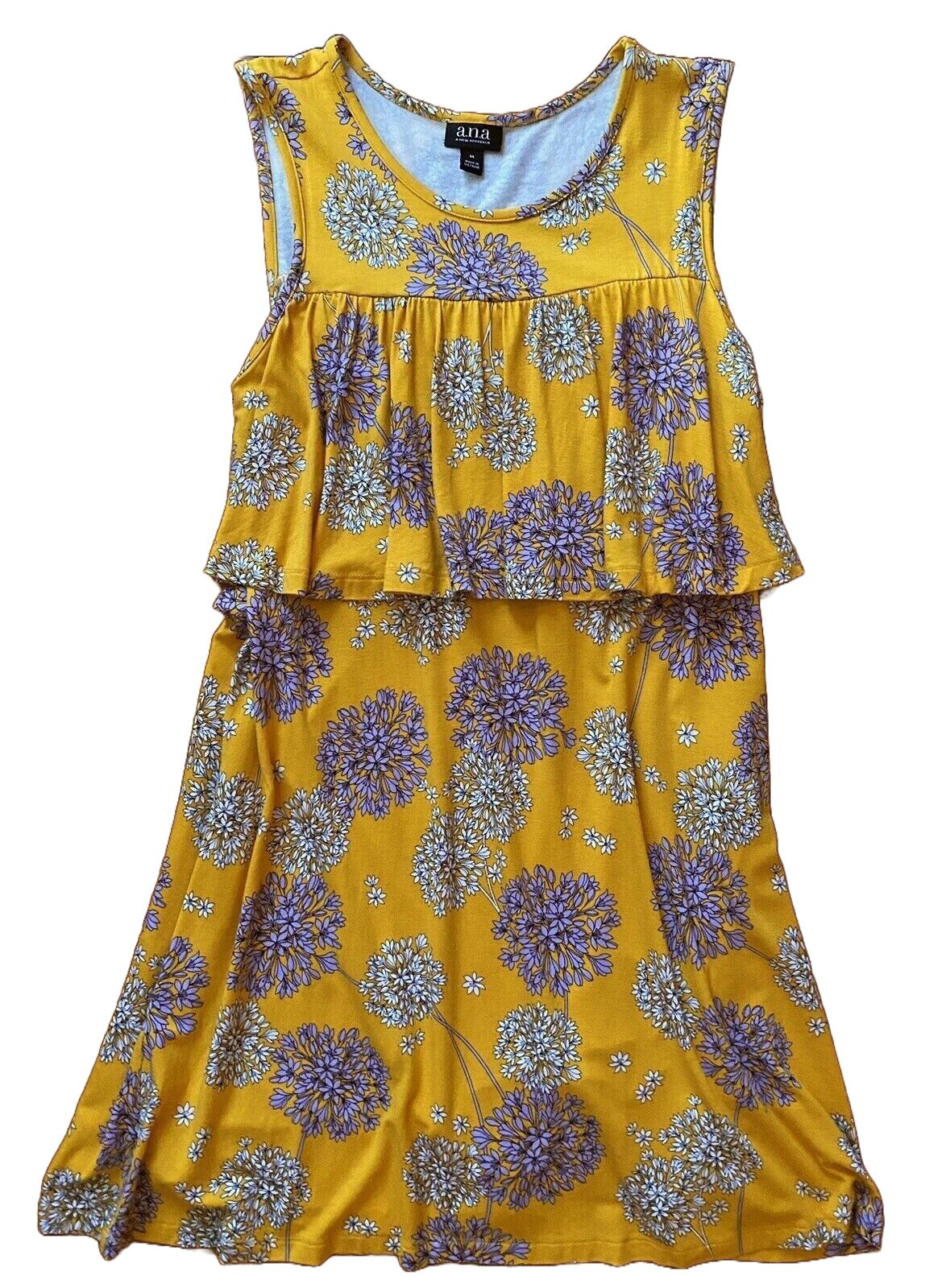Womens Medium Sundress Sleeveless Yellow and Purple Hydrangea Print Loose Fit-image