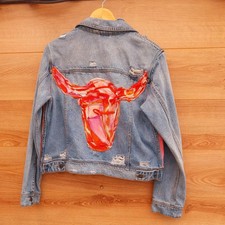 Reworked Denim Frayed Cowboy Jacket With Cow Head On Back Size Large
