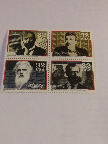 MINT NH OG 32 CENT PIONEERS OF COMMUNICATIONS STAMP BLOCK CV 7.00