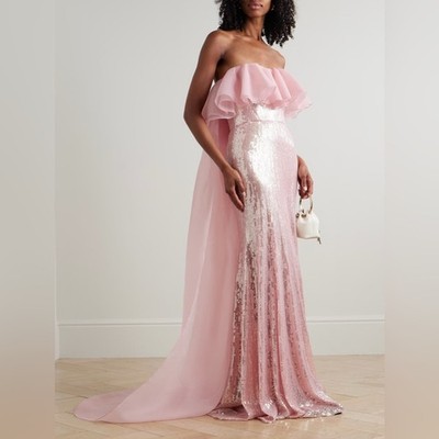 Jenny Packham NWT $6500 Pink Sequin Strapless Chiffon Gown Removable Cape |  eBay