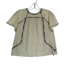 Isabel Marant Short Sleeve Embroidered Silk Keyhole Back Top Ivory FR 36 Small
