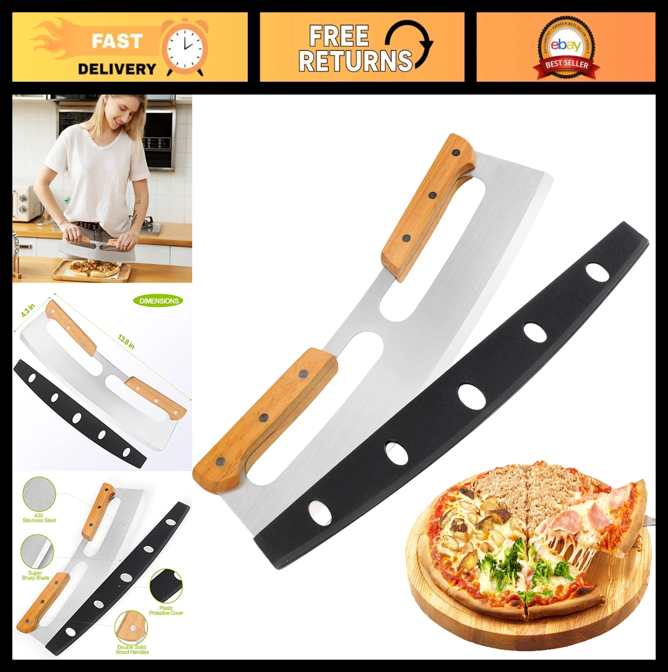 14" Stainless Steel Pizza Cutter Rocker with Wooden Handles & Cover - Sharp Slic