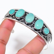 Aqua Chalcedony Gemstone 925 Sterling Silver Adjustable Cuff Bracelet For Gift