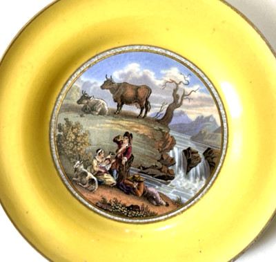 Antique Paris Porcelain Plate Yellow Ground Pastoral Cattle Waterfall c1850