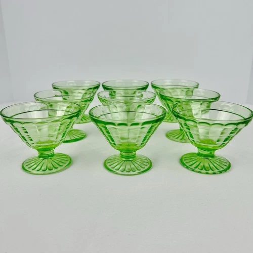 Vintage Uranium Depression Glass Dessert Cups Set of 9 Glow Under UV Light