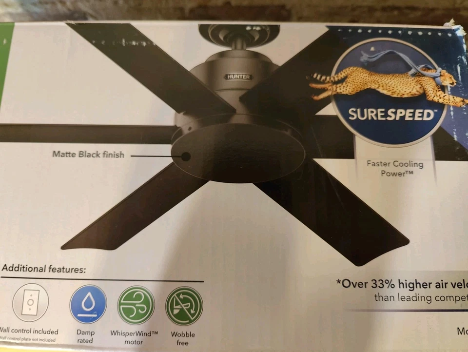 New Hunter Kennicott 44” Matte Black Indoor Outdoor Ceiling Fan 59613 - Image 3 of 4