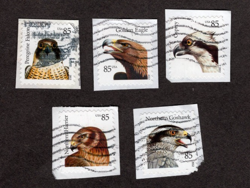 #480#4608-12 Birds of Prey Se-Tenent Set of 5 Stamps, 85 cent, Used, On Paper