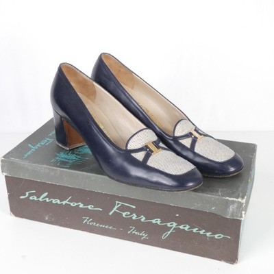 Salvatore Ferragamo Vintage Heels Pumps Navy Loafer Style Gancini UK 4,5
