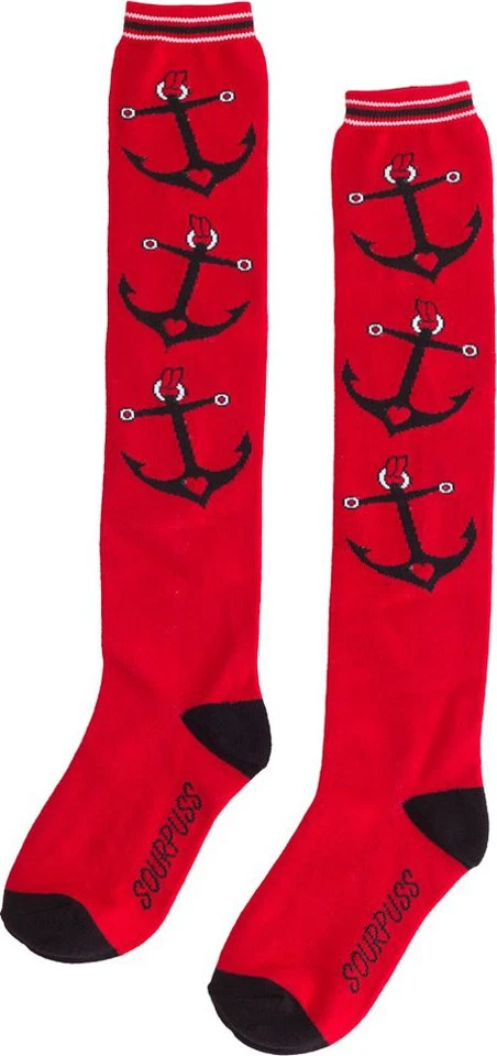 78550 Calcetines hasta la rodilla Red Anchors Hearts Sourpuss Roller Derby Pinup Marinero NUEVO Foto 2 de 2