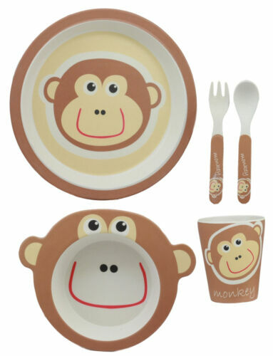 Ebros Monkey 5 Pc Organic Bamboo Dinnerware Set For Kids Children Toddler Baby