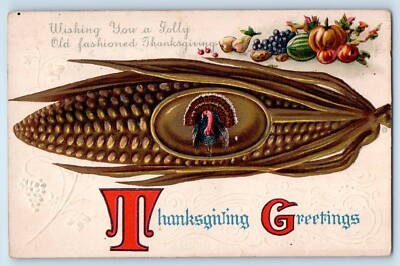 c1910's Thanksgiving Greetings Corn Turkey And Fruits Embossed Antique Postcard