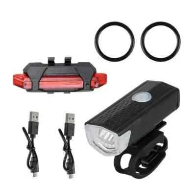 SET KIT LUCI LED PER BICI o MTB ANTERIORE e POSTERIORE BATTERIA RICARICABILE USB