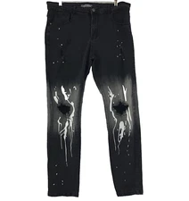 Liberty Square Jeans Mens 38x33 Black Painted Lightning Hip Hop Rap Distressed