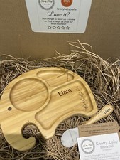 Personalisierte Lasergravur Bambus Elefant Baby F&uuml;tterplatte Set mit Silikon