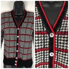 VTG Evan Picone Womens Petite Wool Angora Cardigan Sweater SP Red Black SOFT EUC