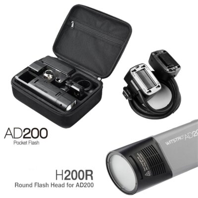 Godox AD200 HSS TTL Blitz mit Akku + H200R Ring Blitzkopf + EC200 Kabel Set