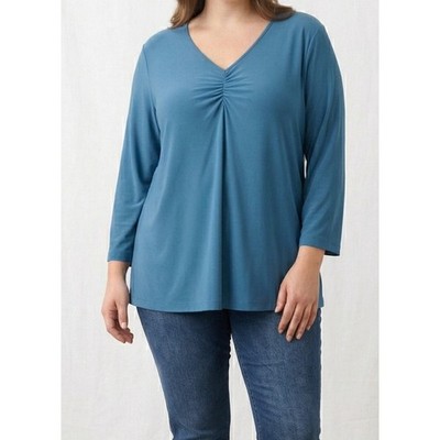 Susan Graver XL Polyester Spandex V Neck Top Blue Green Liquid Knit