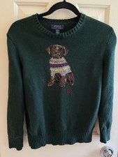 Ralph Lauren Boy’s Dog Sweater 10/12 Green 100% Cotton Long Sleeve Crew Neck