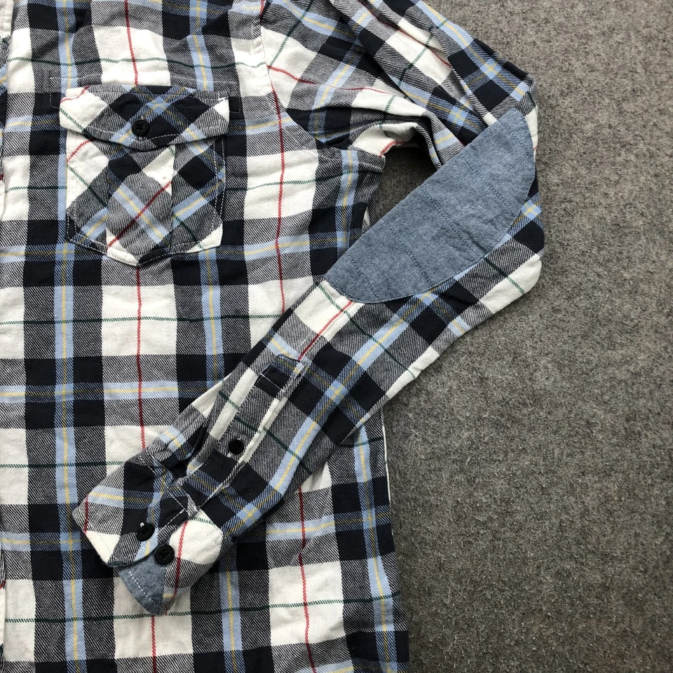 Akoo Shirt Mens Large Blue White Plaid Flannel Long Sleeve Patch Elbow Western - Image 3 of 4