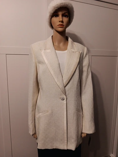 OFF WHITE Blazer Dana Buchman vintage anni 80 bianco sporco shimmer bling lungo bottoni lana 12
