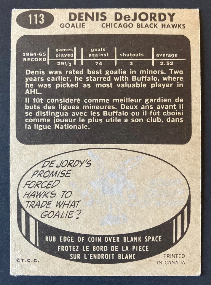 Denis DeJordy 1965-66 Topps #113 - Chicago Blackhawks VGEX - Image 2 of 4