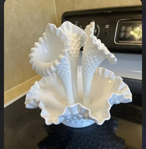 Fenton Hobnail Milk Glass Epergne. Excellent condition. Has original sticker.