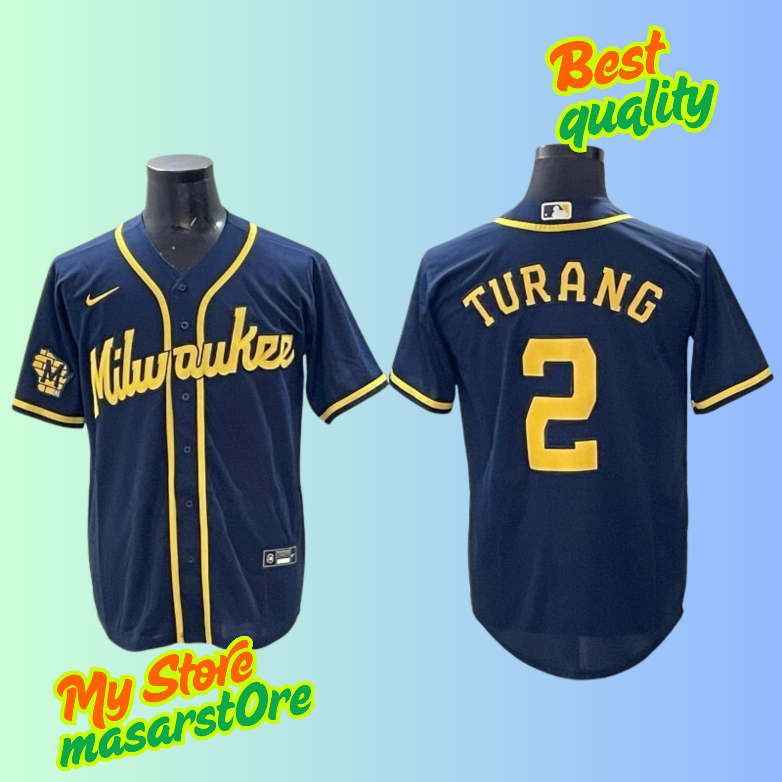 Men's Milwaukee Brewers #2 Brice Turang Navy Cool Base Stitched Jersey