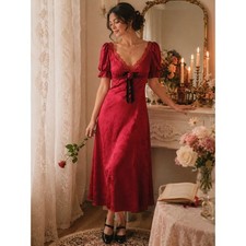 Lait Collection Red Floral Jacquard Lace Rosette Midi Dress Size L Romantic