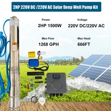 4" AC/DC Solar Powered Bore Well Water Pump 2HP Submersible Hybrid Deep 220V