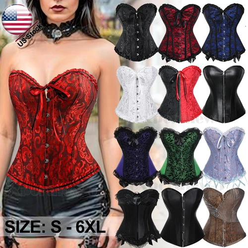 Women Overbust Lace-Up Boned Bustier Corset Top Burlesque Waist Cincher Lingerie - Picture 1 of 35