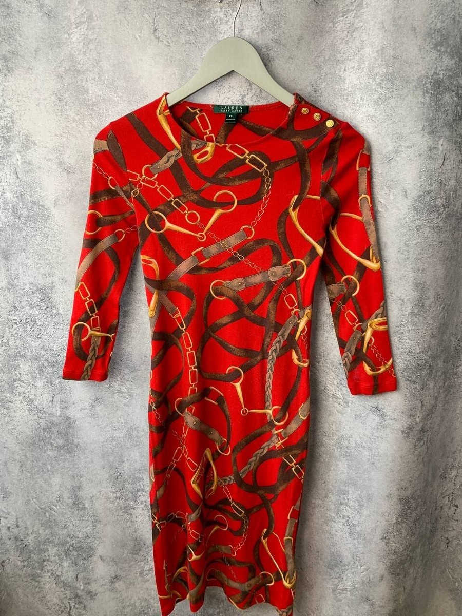 red dress with gold chain straps Lauren Ralph Lauren Women's Multi Print size XS Stretches croyal