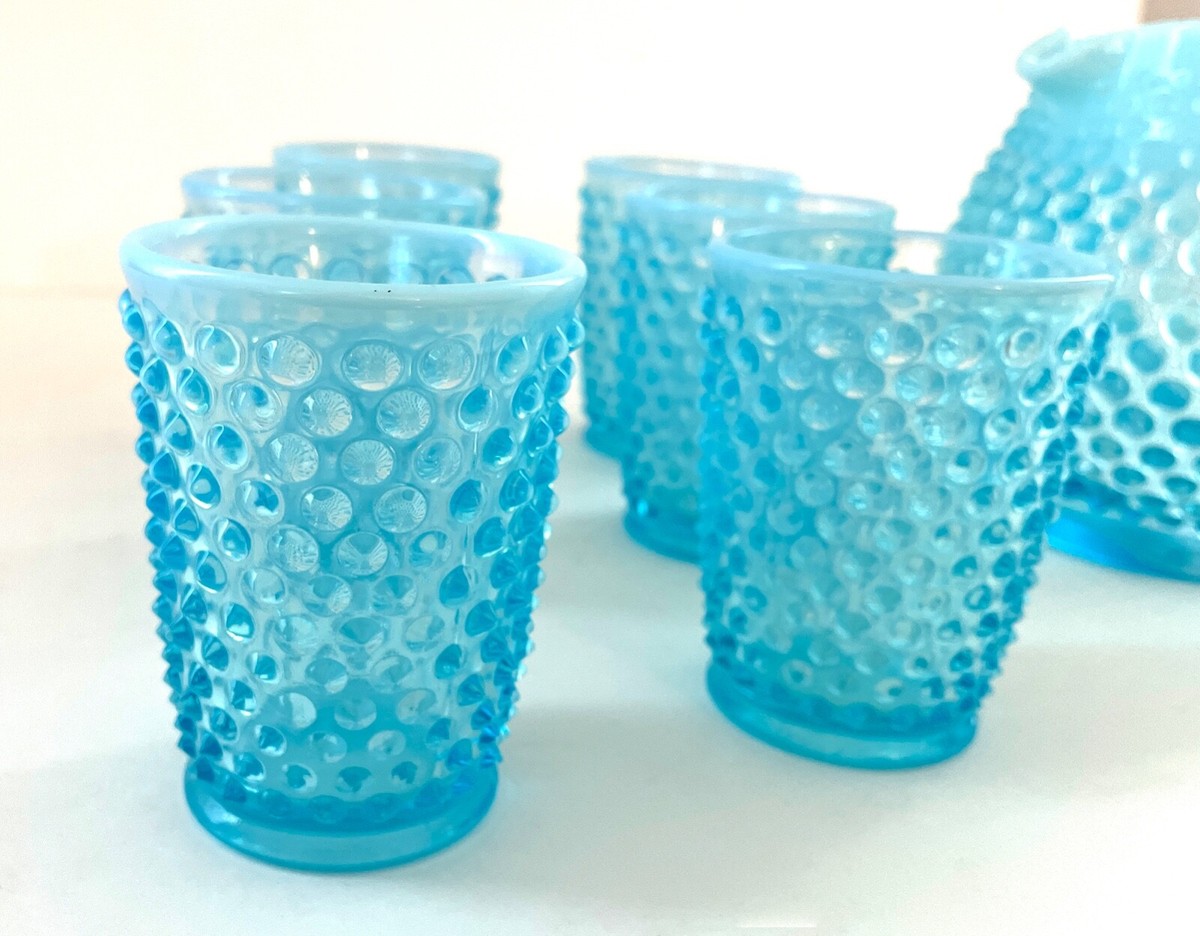 Vintage Fenton Aqua Blue Opalescent Hobnail Pitcher & Glasses