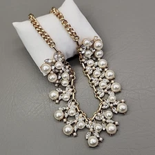 Charming Charlie Necklace Gold Tone Faux Pearls   Bib Clear Rhinestones 17"