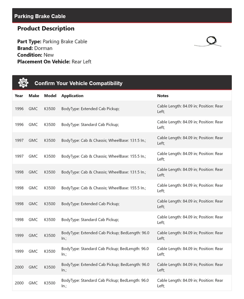 For 1996-2000 GMC K3500 Dorman Parking Brake Cable Rear Left 1997 1998 1999 - Image 2 of 4