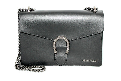 MARINA GALANTI Chain Strap Magnet Flap Over Crossbody Shoulder Bag Black Leather