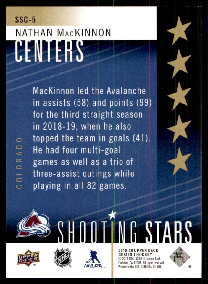 2019-20 Upper Deck Shooting Stars Centers Nathan MacKinnon Colorado Avalanche - Image 2 of 2