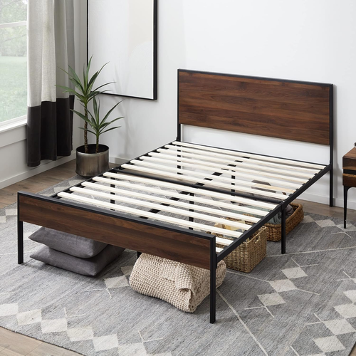 Bed Frame - Metal Platform Bed - Wood Headboard and Footboard - Box Spring Op...