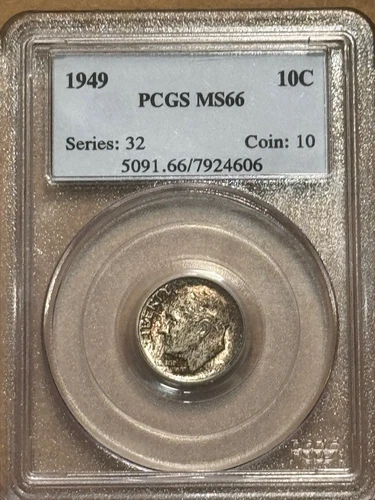 1949 ROOSEVELT SILVER DIME PCGS MS66 Nicely Toned